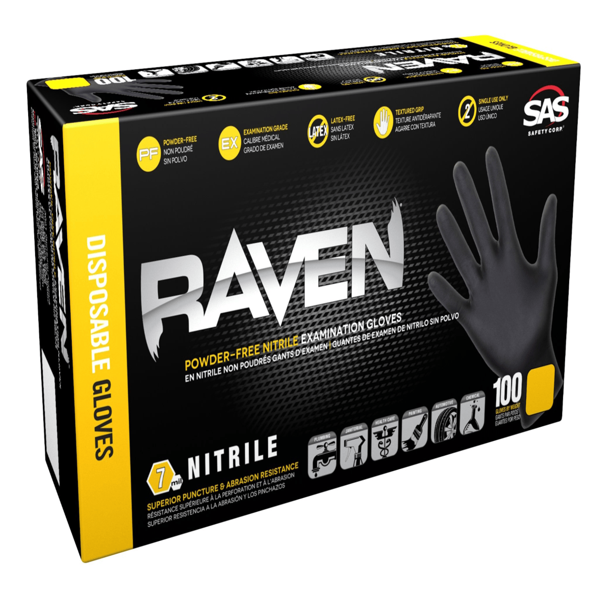 Raven Powder-Free Nitrile Exam Grade Disposable Gloves, 7 Mil, Box of 100, Size S