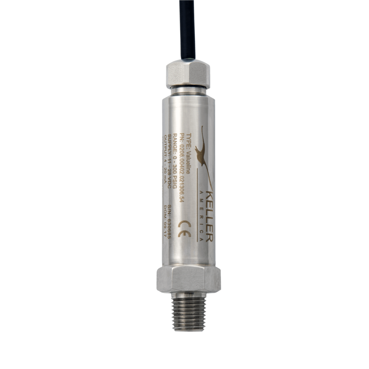 KELLER Valueline High Accuracy Pressure Transmitter, 316SS, 0-100 PSI, 4-20 mA, 10'PE cable, 0.25%, 1/2 in. NPT conduit fitting