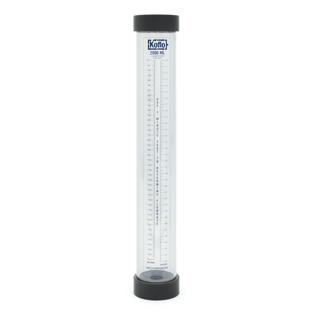 Koflo 2000ML Calibration Column,Fixed Cap, 32 GPH, 1" NPT(F), 24" Ht, 10 ML / 0.25 gal, 2000 ML