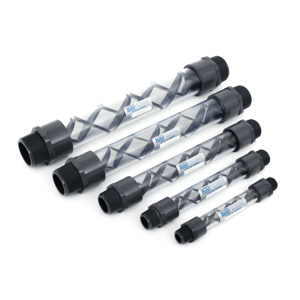 Koflo 1" Static Mixer, PVC, (6) Fixed Mixing Elements, NPT(M) Ends, 11" Length,1-40C-4-6-2