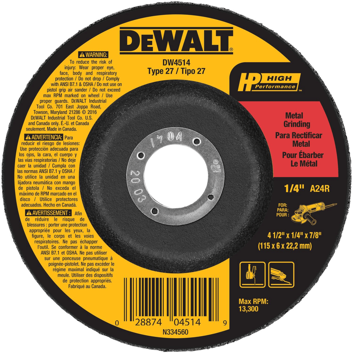DEWALT 4-1/2" x 1/4" x 7/8" General Purpose Metal Grinding Wheel