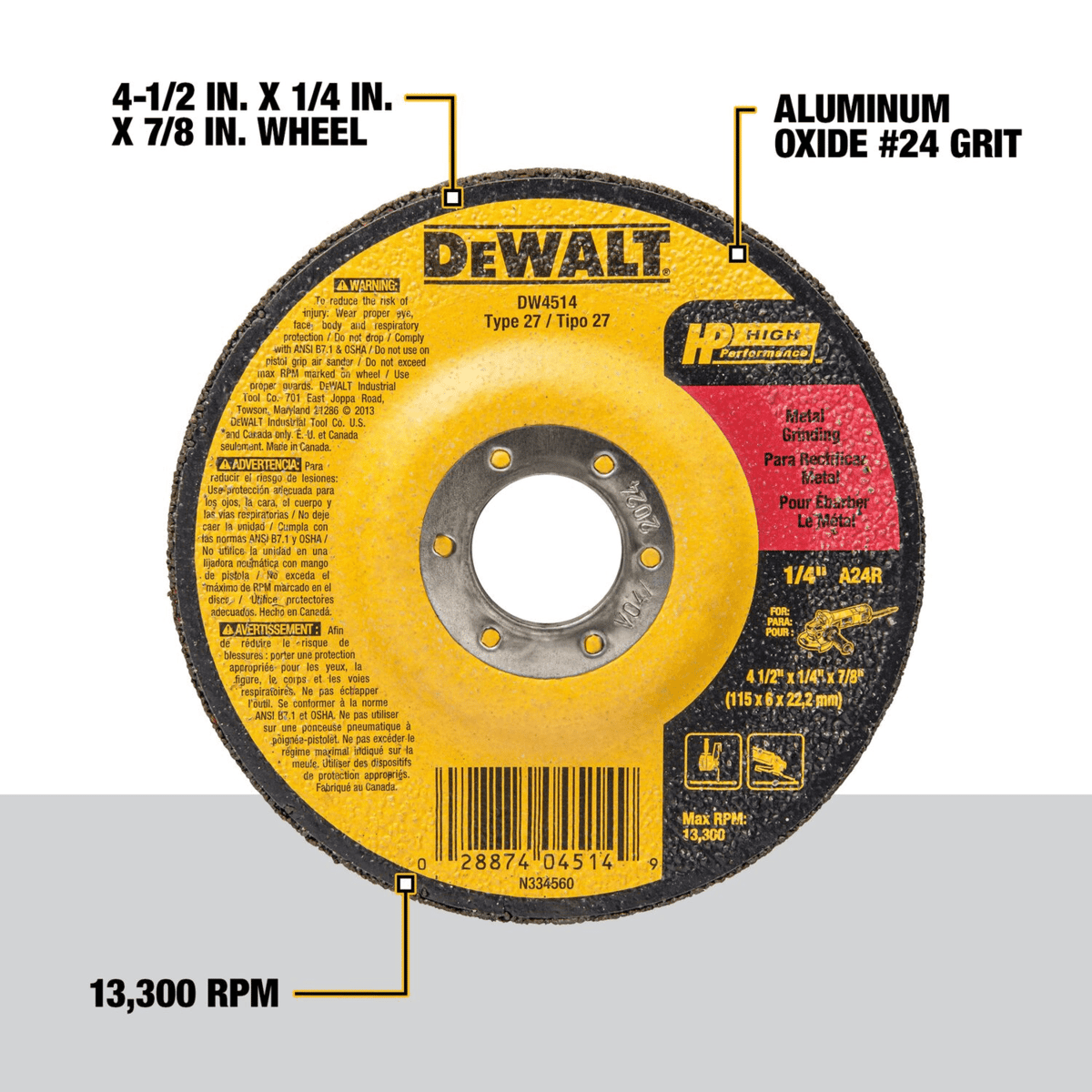 DEWALT 4-1/2" x 1/4" x 7/8" General Purpose Metal Grinding Wheel