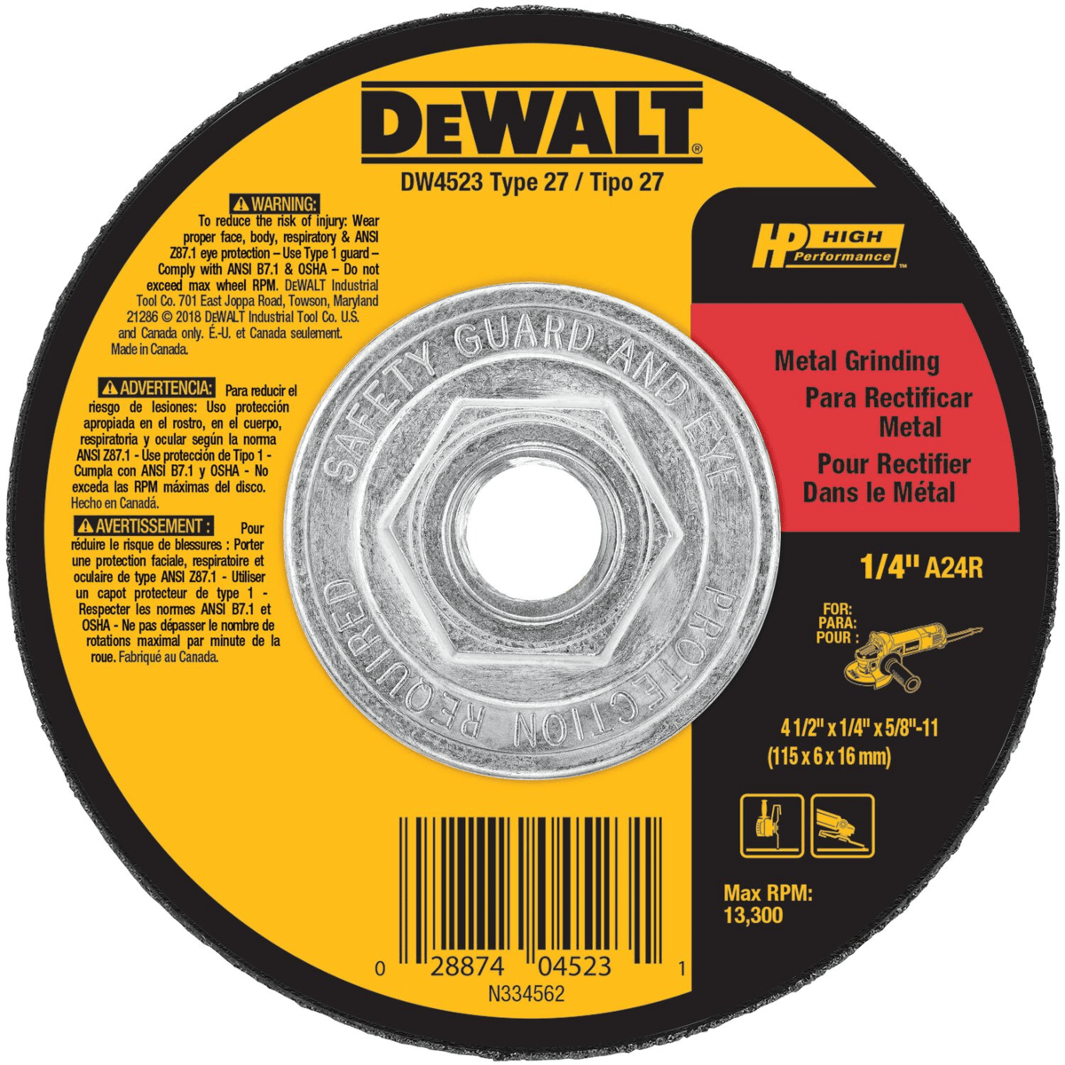 DEWALT 4-1/2" x 1/4" x 5/18"-11 High Performance Metal Grinding Wheel
