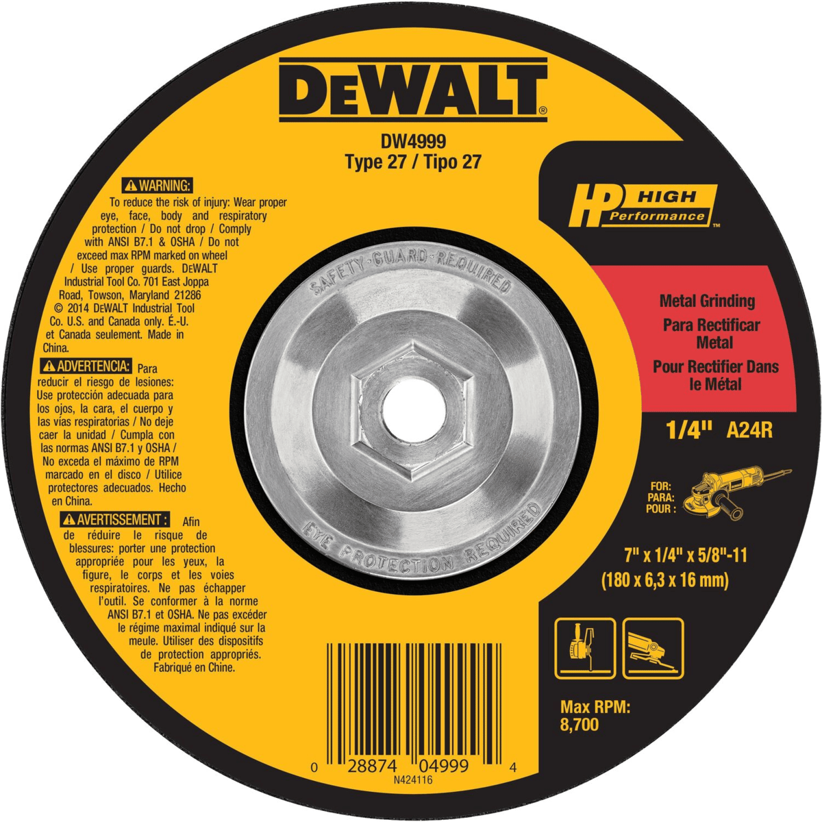 DEWALT 7" x 1/4" x 5/8"-11 General Purpose Metal Grind