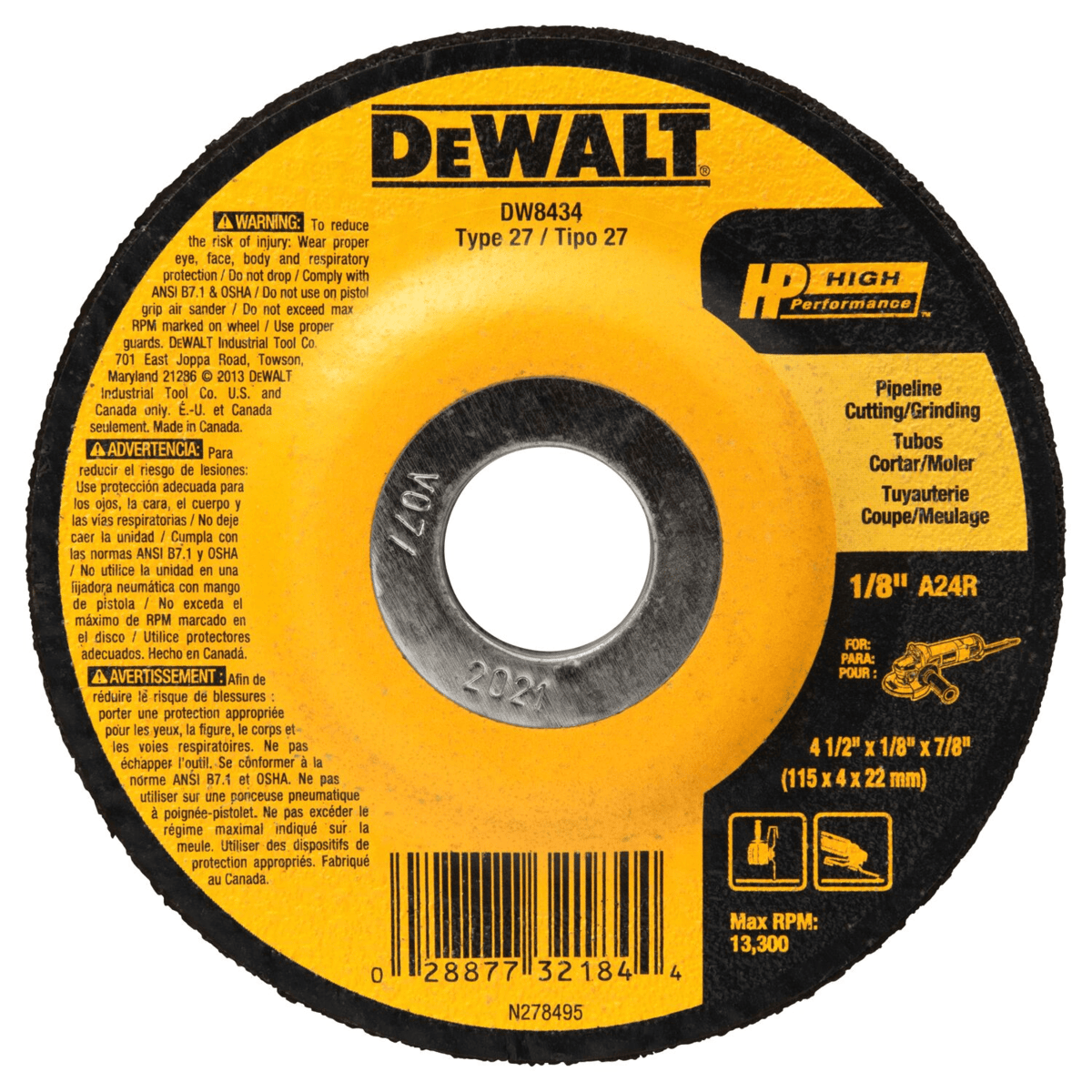DEWALT 4-1/2" x 1/8" x 7/8" Grinding Wheel