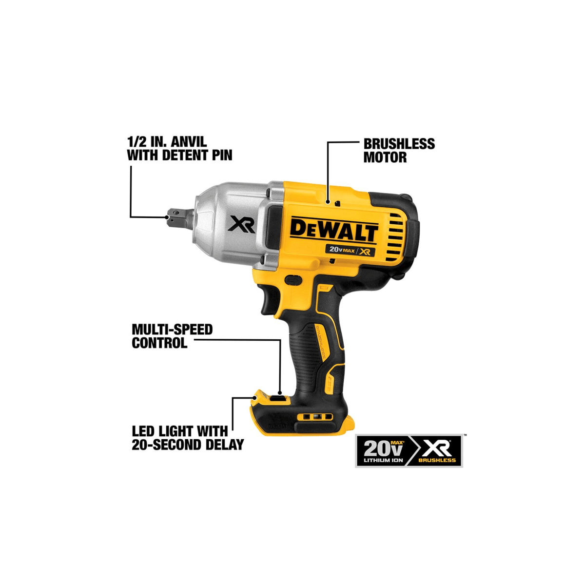 DEWALT 20V MAX XR High Torque Impact Wrench w/ Detent Pin Anvil Kit, 1/2"