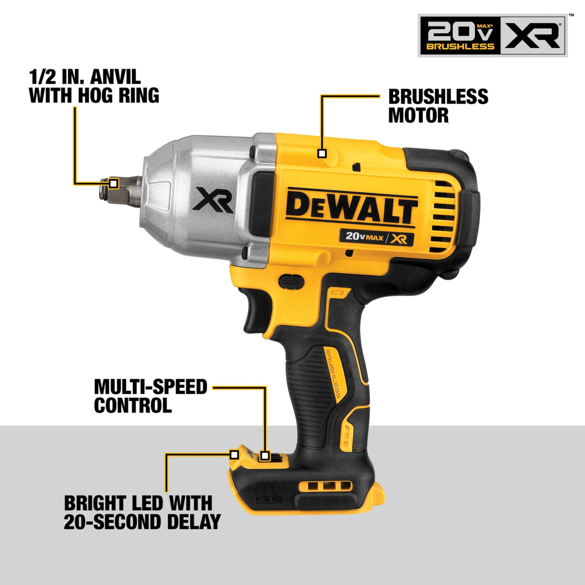 DEWALT 20V MAX XR High Torque Impact Wrench w/ Hog Ring Anvil, 1/2", Bare