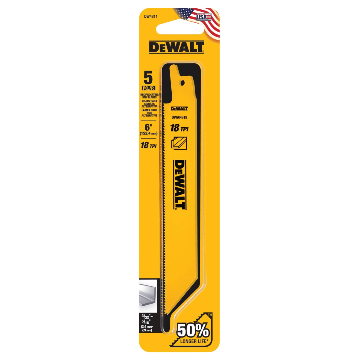 DEWALT 18 TPI Blades for Metal Applications, 6", Pack of 5