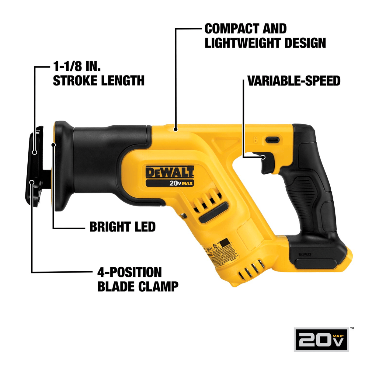 DEWALT 20V MAX Compact Cordless Reciprocating Saw, Tool Only
