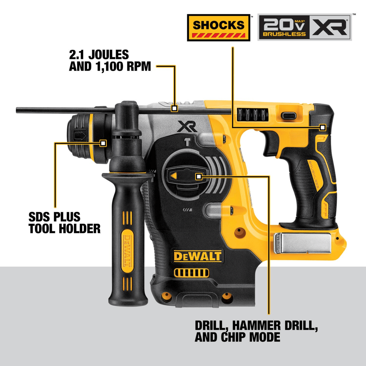 DEWALT 20V MAX Brushless Cordless SDS PLUS L-Shape Rotary Hammer, 1", Tool Only