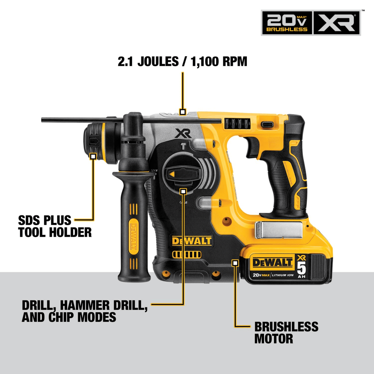 DEWALT 20V MAX Brushless Cordless SDS PLUS L-Shape Rotary Hammer Kit, 1"