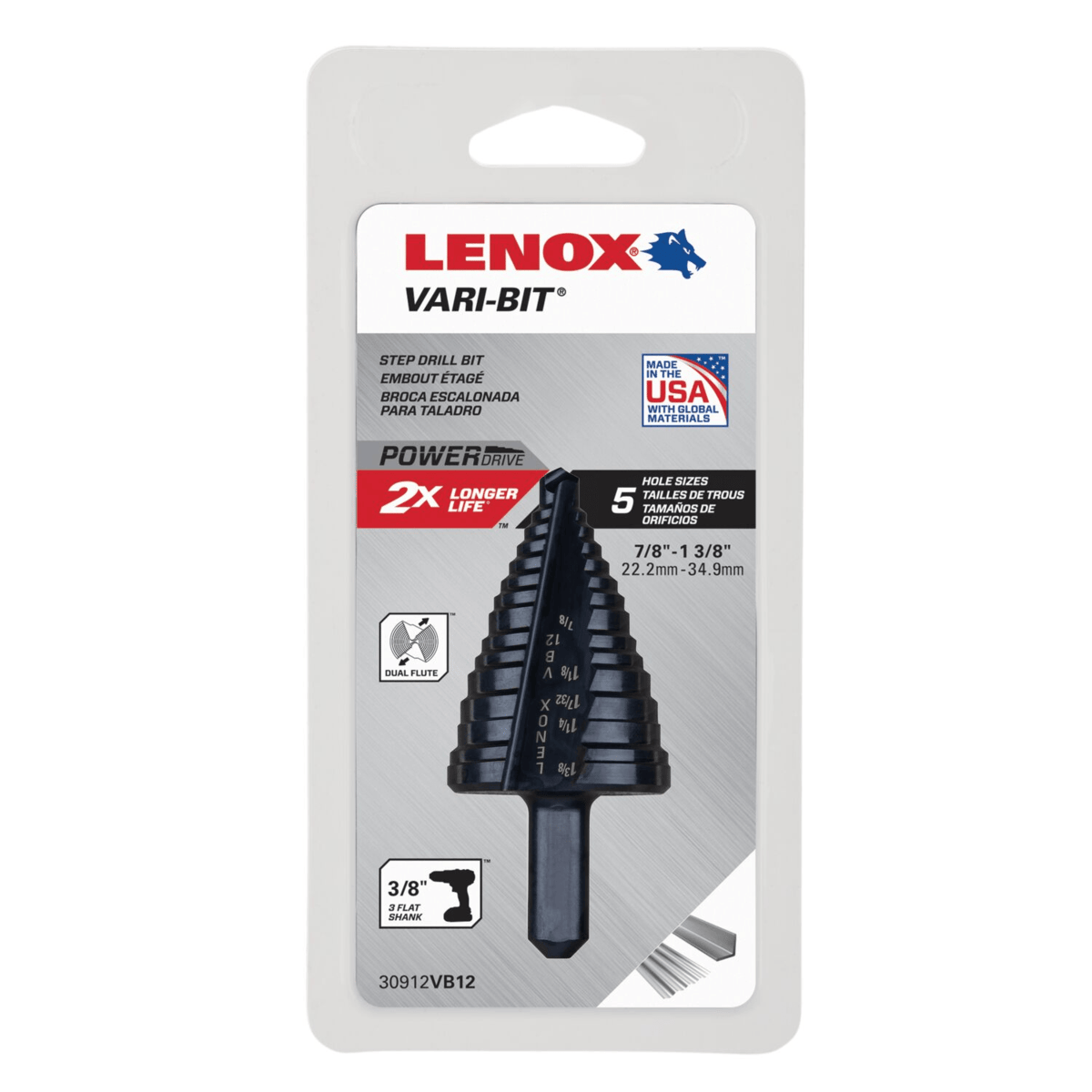 LENOX Vari-Bit VB12 Step Drill Bits, 7/8" to 1-3/8"