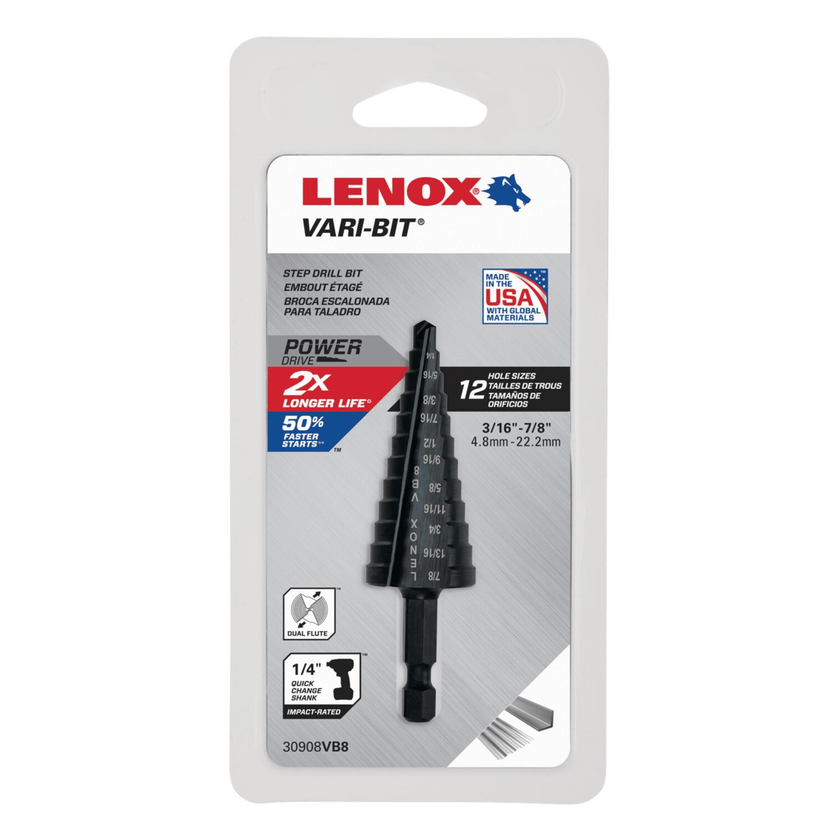 LENOX Vari-Bit VB8 Step Drill Bits, 3/16" to 7/8"