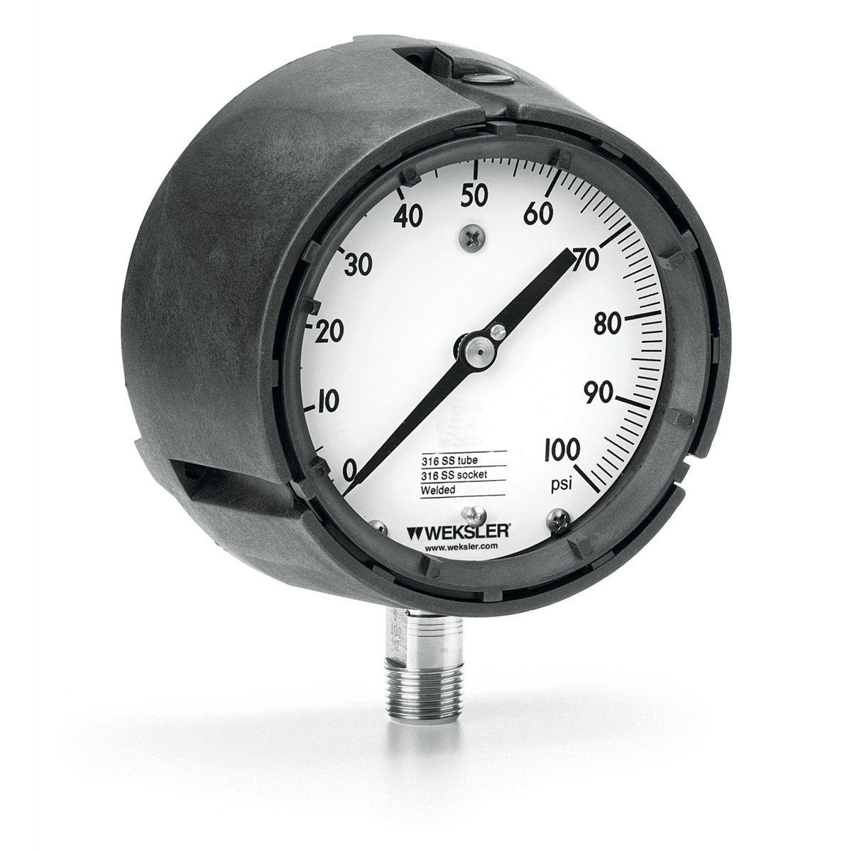 Weksler Royal Process Gauge, 60 psi, 4-1/2", PPcase, 316SS tube/socket, 1/4" NPT M, Dry AA442PE4LW