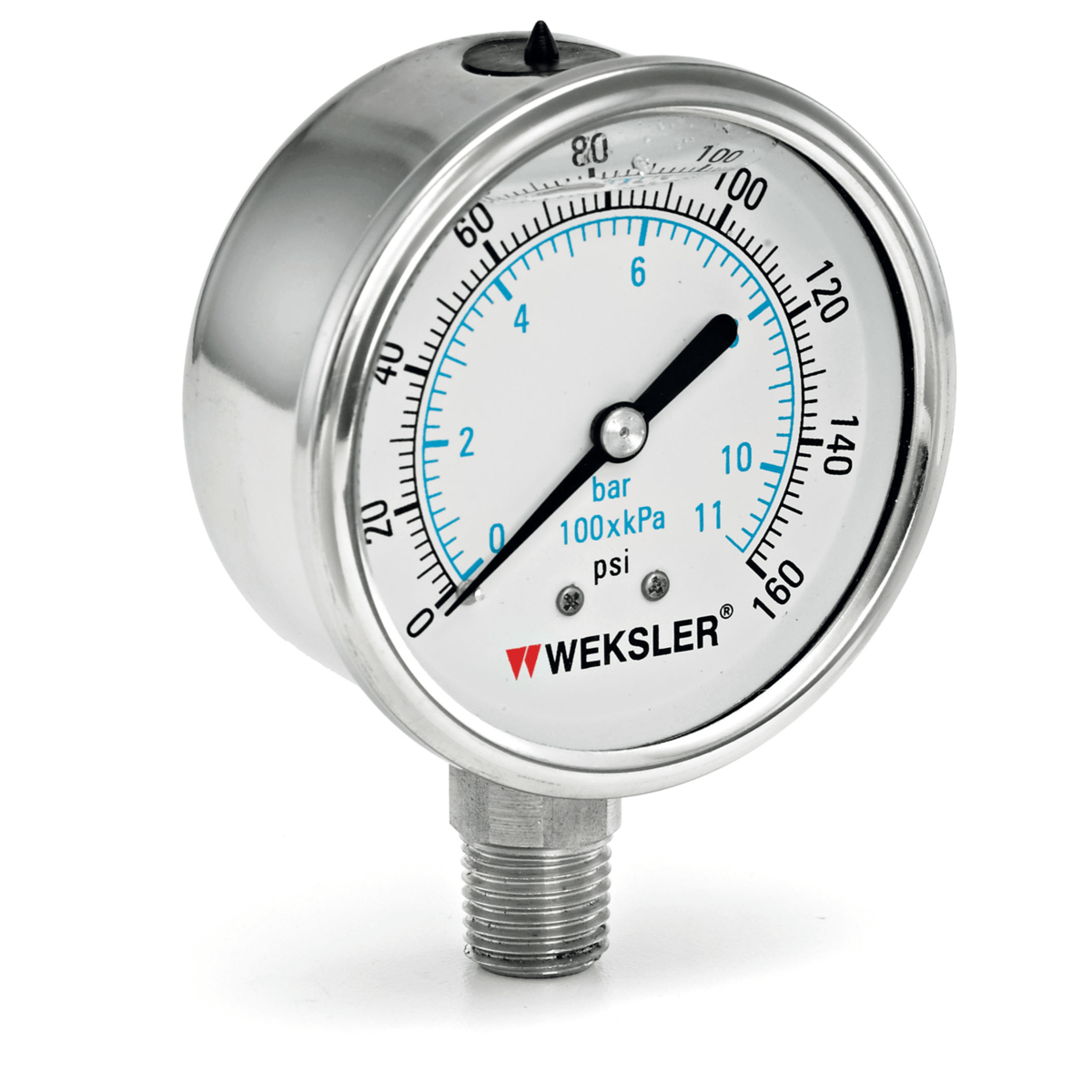 Weksler Liquid Filled Gauge, 60 psi, 2-1/2", SScase/tube/socket, 1/4" NPT M BY42YPE4LW