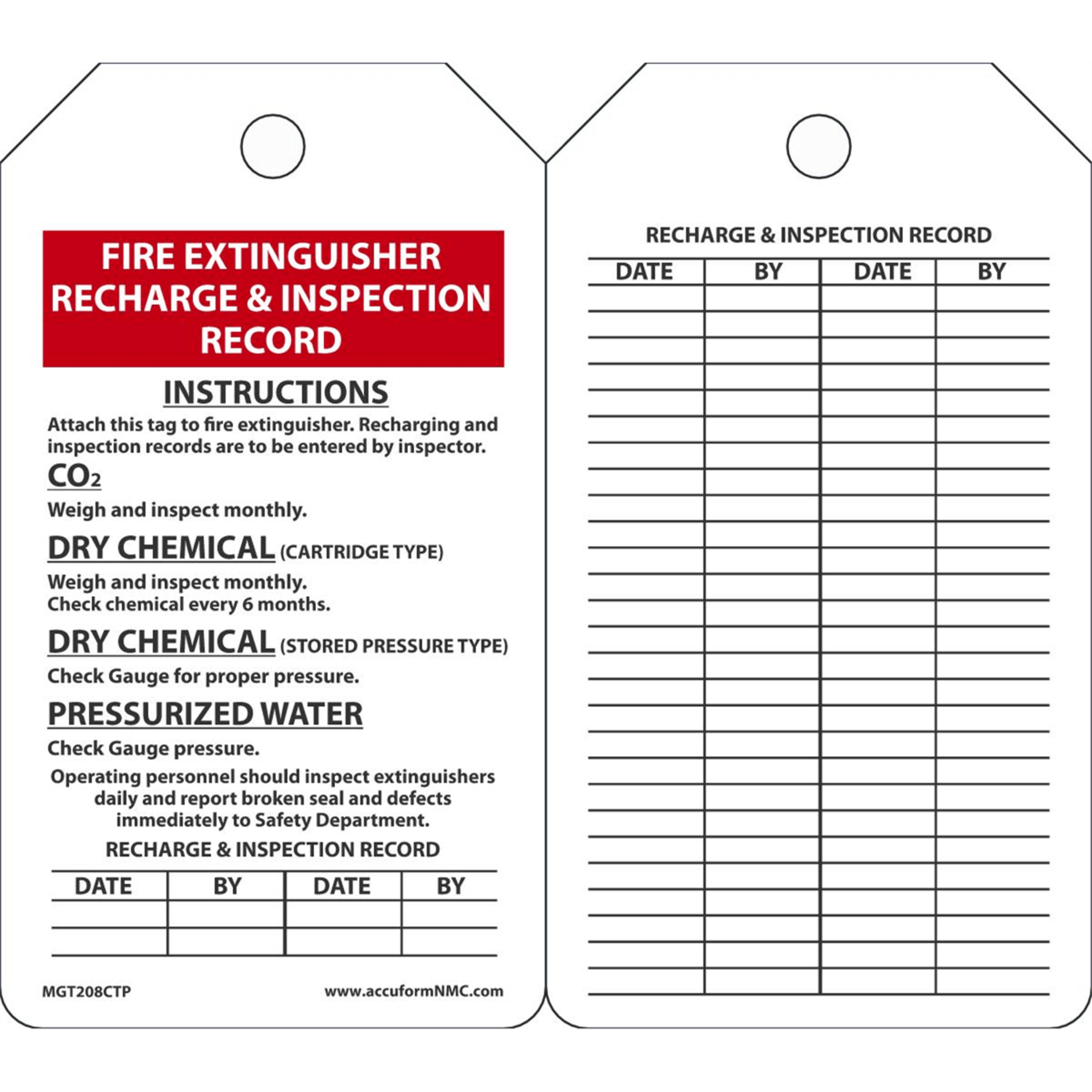 Accuform Fire Extinguisher Tags, Recharge & Inspection Record, 5.75" X 3.25", Pf-Cardstock, 25/Pk, MGT208CTP