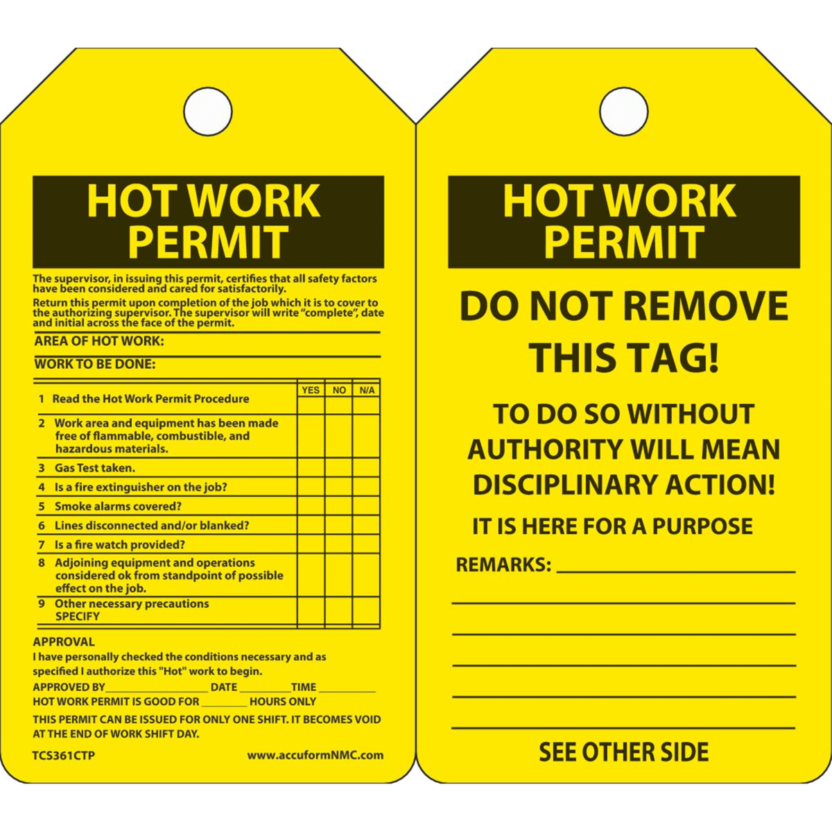 Accuform Inspection Tags, Hot Work Permit, 5.75" X 3.25", Pf-Cardstock, 25/Pk, TCS361CTP
