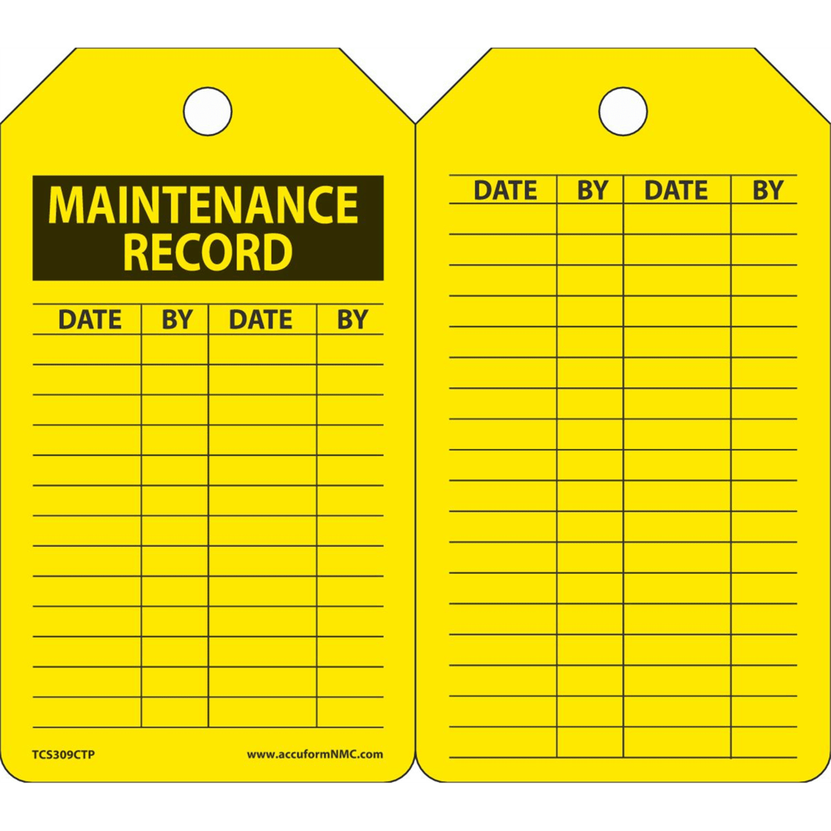 Accuform Inspection Tags, Maintenance Record, 5.75" X 3.25", Pf-Cardstock, 25/Pk, TRS309CTP