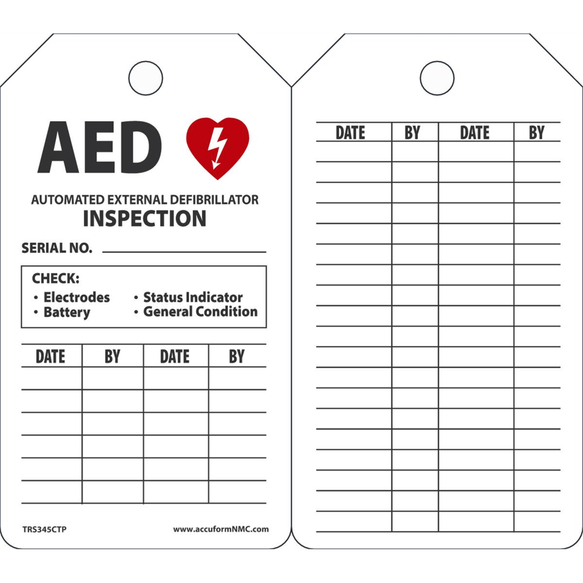 Accuform Inspection Tags, Aed Automatic Ext. Defib. Inspection, 5.75" X 3.25", Pf-Cardstock,25/Pk, TRS345CTP