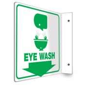 Accuform Projection Sign, 90D Style, Eye Wash (Down Arrow), 8"H X 8"W Panel, Plastic, PSP702