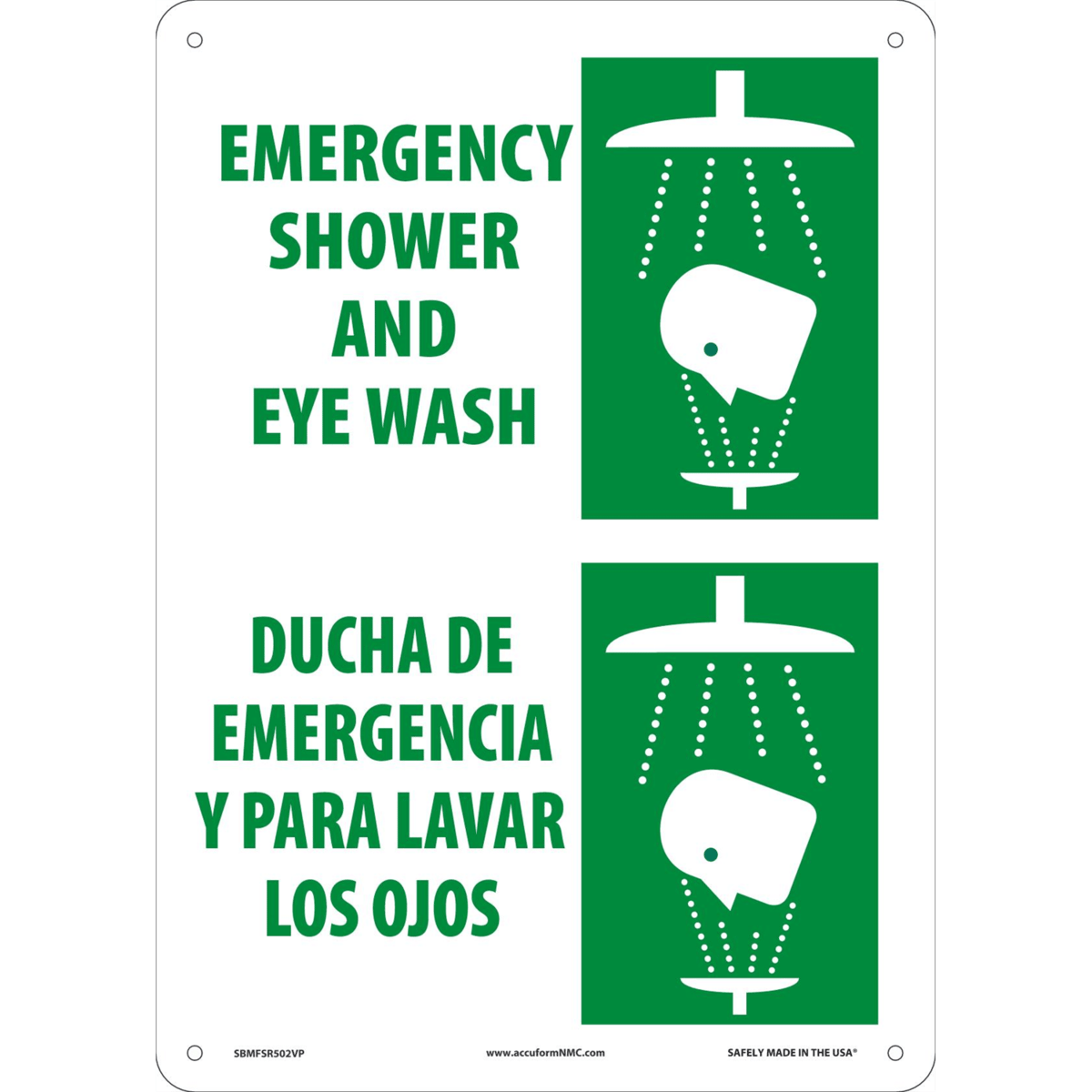 Accuform Safety Sign, Emergency Shower And Eye Wash (Bilingual) Graphic, 14"Hx10"W, Plastic, SBMFSR502VP