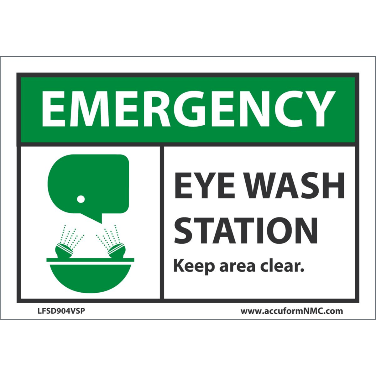 Accuform Safety Labels, Emergency Eye Wash Station Keep Clear Graphic, 3.5Hx5W, Adh Vinyl,5/Pk, LFSD904VSP