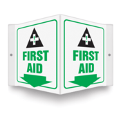 Accuform Projection Sign, 3D Style, First Aid (Down Arrow), 6"H X 5"W Panel, Plastic, PSP605
