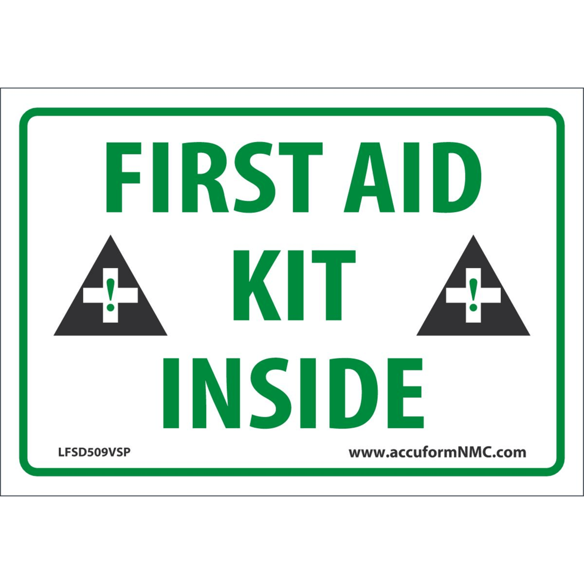 Accuform Safety Labels, First Aid Kit Inside (Graphic), 3.5"H X 5"W, Adhesive Vinyl, 5/Pk, LFSD509VSP
