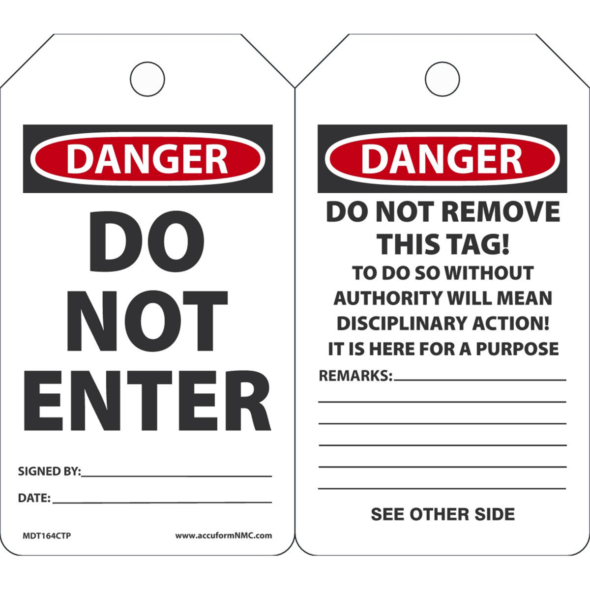 Accuform Safety Tags, Danger Do Not Enter, 5.75" X 3.25", Pf-Cardstock, 25/Pk, MDT164CTP