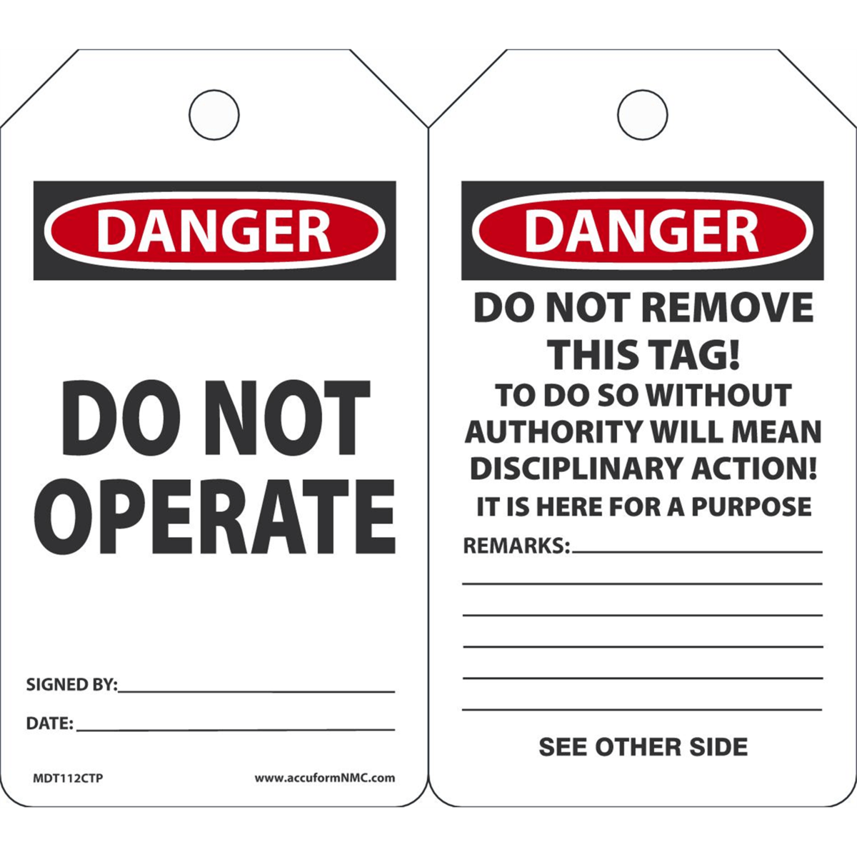Accuform Safety Tags, Danger Do Not Operate, 5.75" X 3.25", Pf-Cardstock, 25/Pk, MDT112CTP
