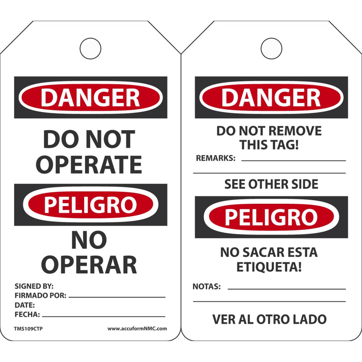 Accuform Safety Tags, Danger Do Not Operate (Bilingual), 5.75" X 3.25", Pf-Cardstock, 25/Pk, TMS109CTP