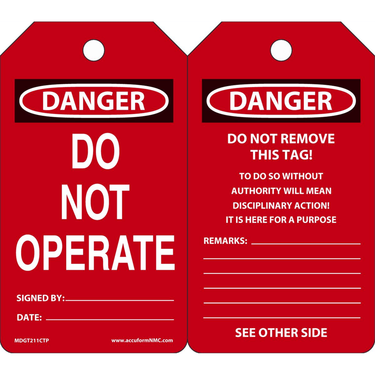 Accuform Safety Tags, Danger Do Not Operate, 5.75" X 3.25", Pf-Cardstock, 25/Pk, MDGT211CTP