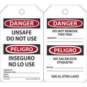 Accuform Safety Tags, Danger Unsafe Do Not Use (Bilingual), 5.75" X 3.25", Pf-Cardstock, 25/Pk, TSP164CTP