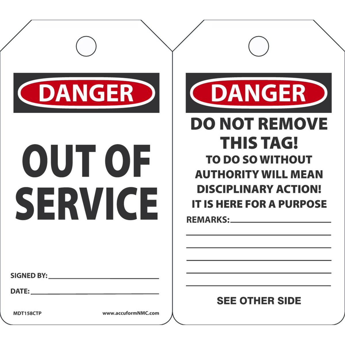 Accuform Safety Tags, Danger Out Of Service, 5.75" X 3.25", Pf-Cardstock, 25/Pk, MDT158CTP