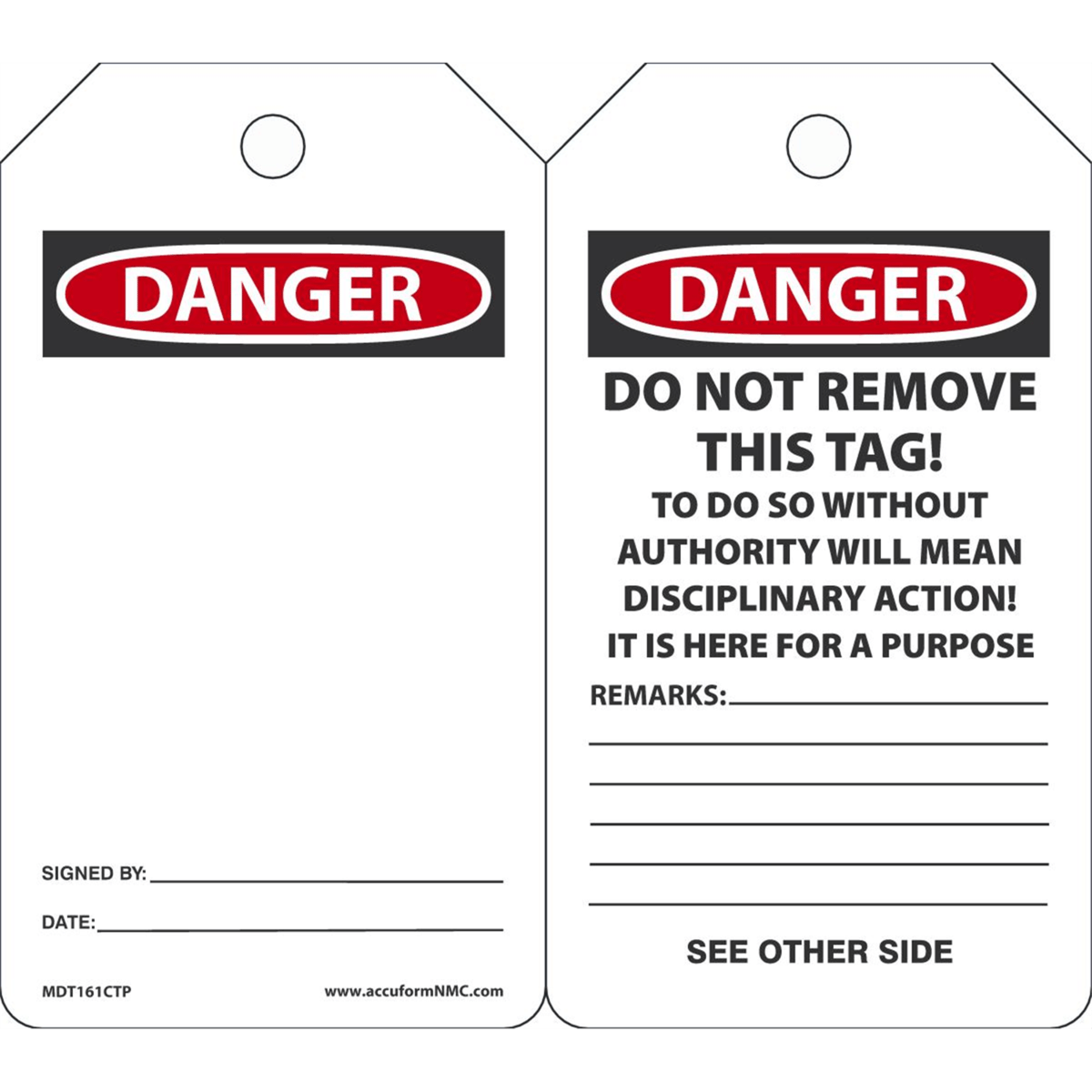 Accuform Safety Tags, Danger (Blank), 5.75" X 3.25", Pf-Cardstock, 25/Pk, MDT161CTP