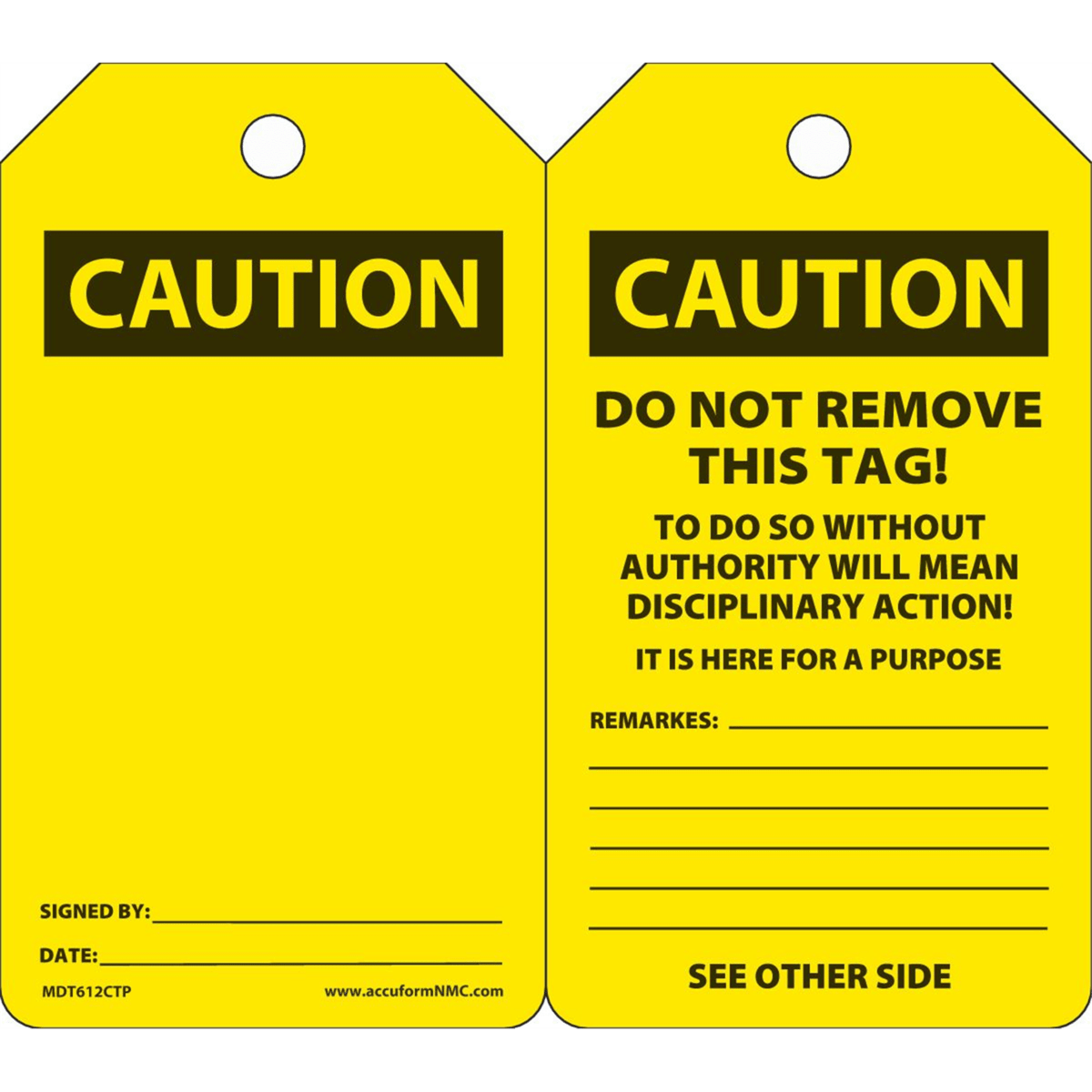 Accuform Safety Tags, Caution (Blank), 5.75" X 3.25", Pf-Cardstock, 25/Pk, MDT612CTP