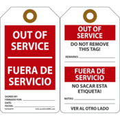 Accuform Safety Tags, Out Of Service (English, Spanish), 5.75" X 3.25", Rp-Plastic, 25/Pk, TSP505PTP