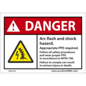 Accuform Arc Flash Label, Danger Arc Flash/Shock Hazard Approp. Ppe Req'D, 3.5X5, Adh Dura-Vinyl, LELC313
