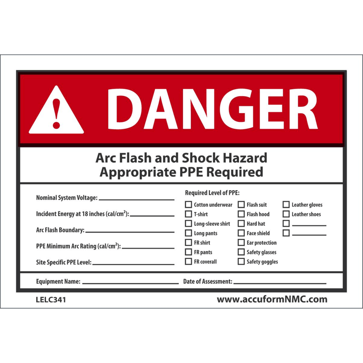 Accuform Arc Flash Label, Danger Arc Flash/Shock Hazard Ppe Required, 3.5"X5", Adh Dura-Vinyl, LELC341
