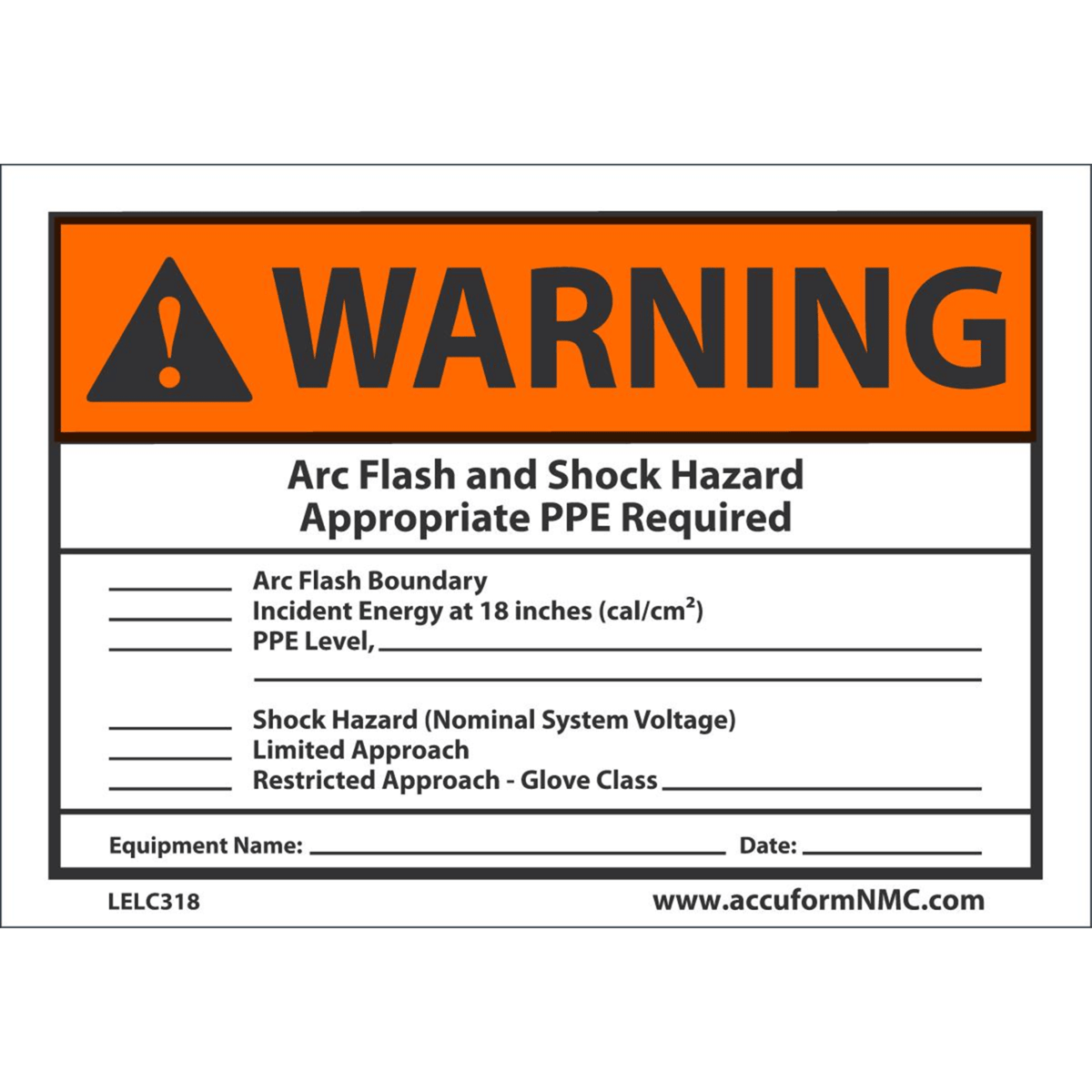 Accuform Arc Flash Label, Warning Arc Flash/Shock Hazard Approp. Ppe Req'D, 3.5X5, Adh Dura-Vinyl, LELC318