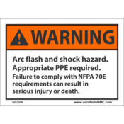 Accuform Arc Flash Label, Warning Arc Flash/Shock Hazard Approp. Ppe Req'D, 3.5X5, Adh Dura-Vinyl, LELC308