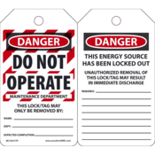 Accuform Lockout Tags, Danger Do Not Operate Maintenance Dept, 5.75"X3.25", Pf-Cardstock, 25/Pk, MLT401CTP