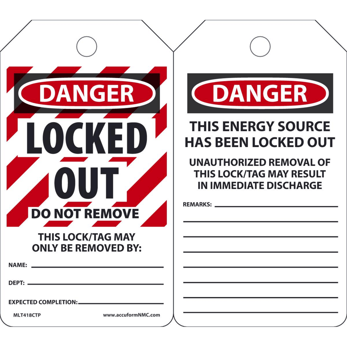 Accuform Lockout Tags, Danger Locked Out Do Not Removelock/Tag, 5.75X3.25, Pf-Cardstock, 25/Pk, MLT418CTP