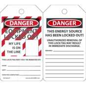 Accuform Lockout Tags, Danger Equip Lock Out Life On Line, 5 3/4X3 1/4, Lam Cardstock, 25/Pk, MLT603LCP