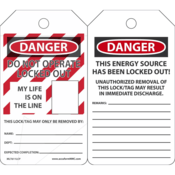 Accuform Lockout Tags, Danger Do Not Op Lock Out Life Is Line, 5 3/4X3 1/4, Lam Cardstock, 25/Pk, MLT611LCP