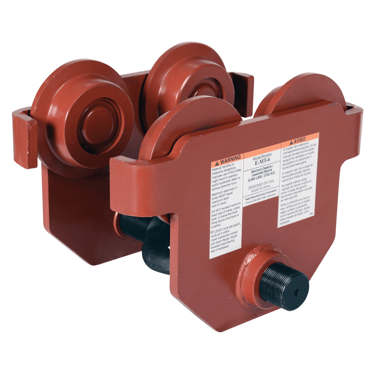 Vestil Steel Push Eye Manual Trolley 6000 Lb. Capacity Orange E-MT-6