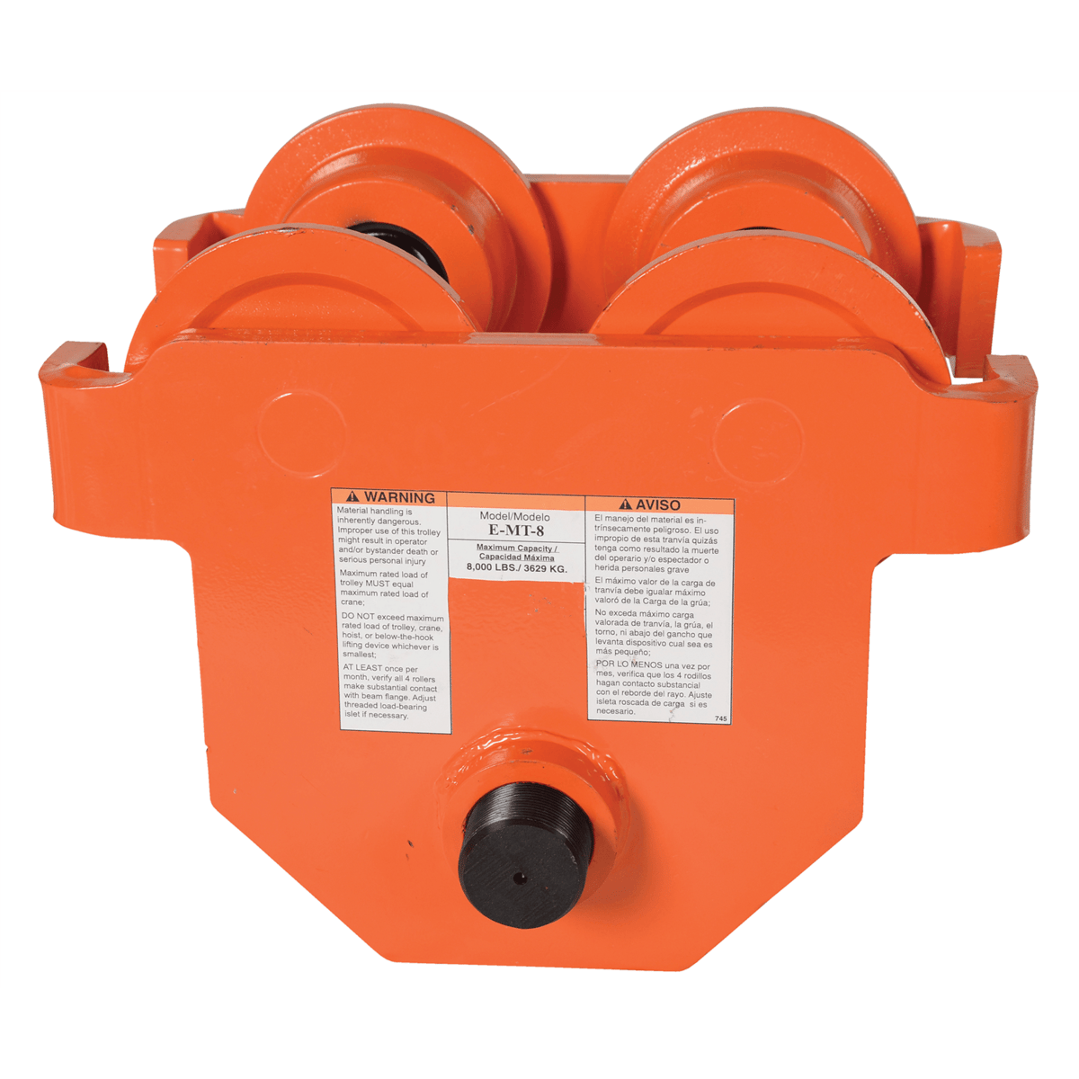 Vestil Steel Push Eye Manual Trolley 8000 Lb. Capacity Orange E-MT-8