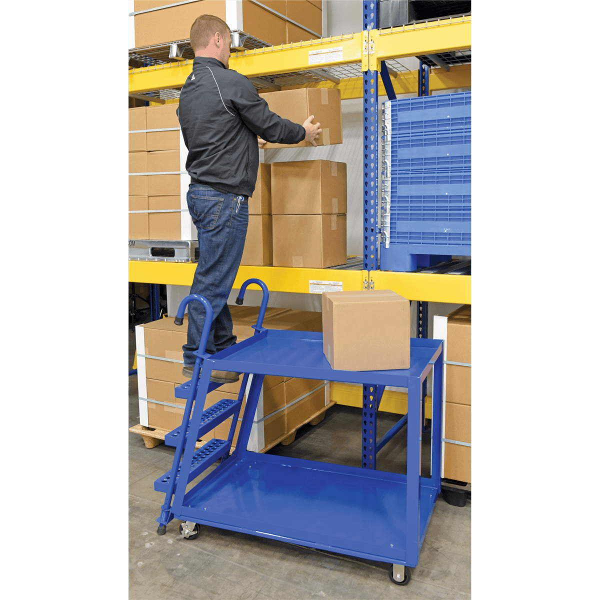 Vestil Steel Stock Picker 2 Shelf w/Mold On Rubber Casters 51-3/4Inx27-7/8Inx50-1/8In 1,000Lb Blue