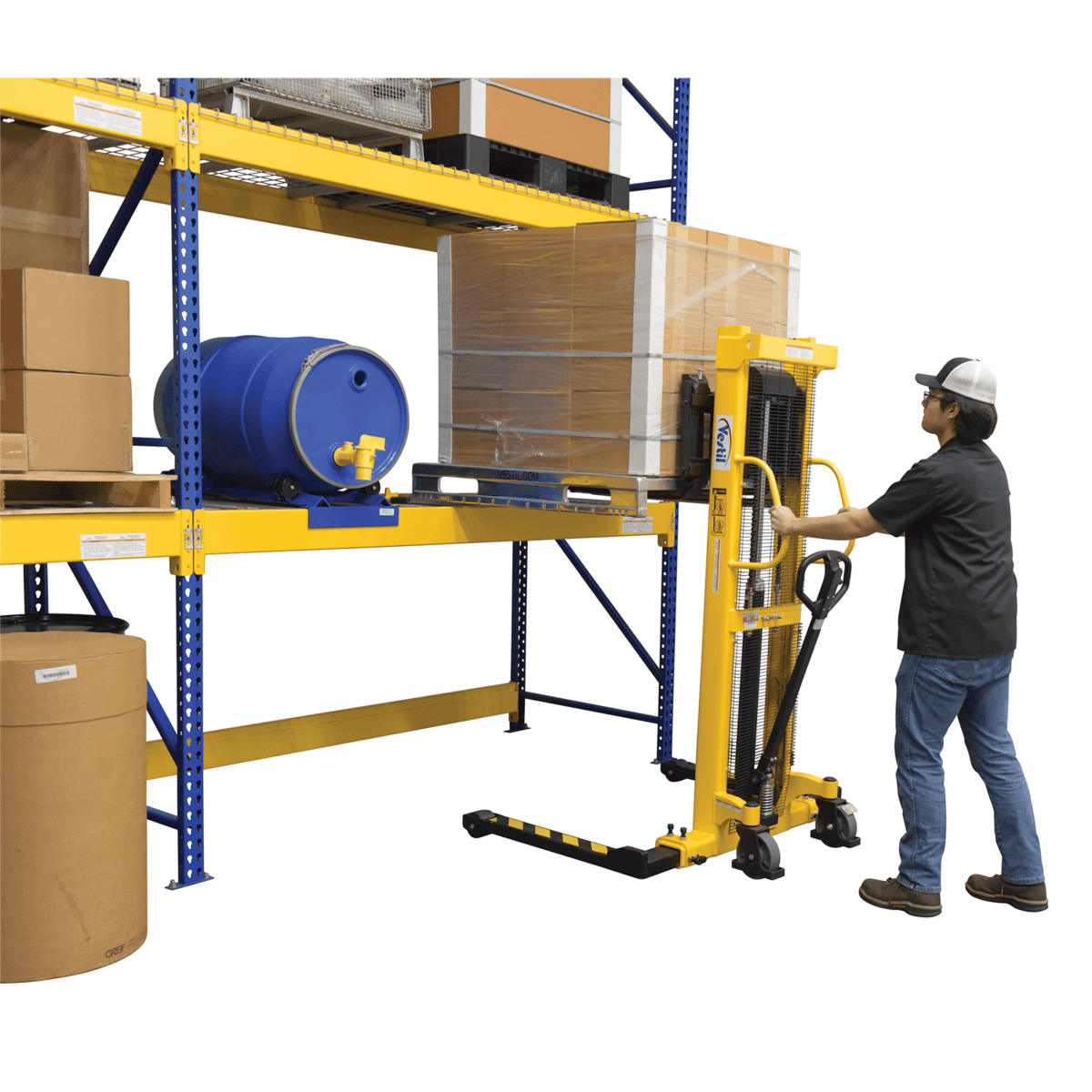 Vestil Steel Manual Stacker Adjustable Forks/Legs 2,000 Lb. Capacity Yellow VHPS-2000-AA