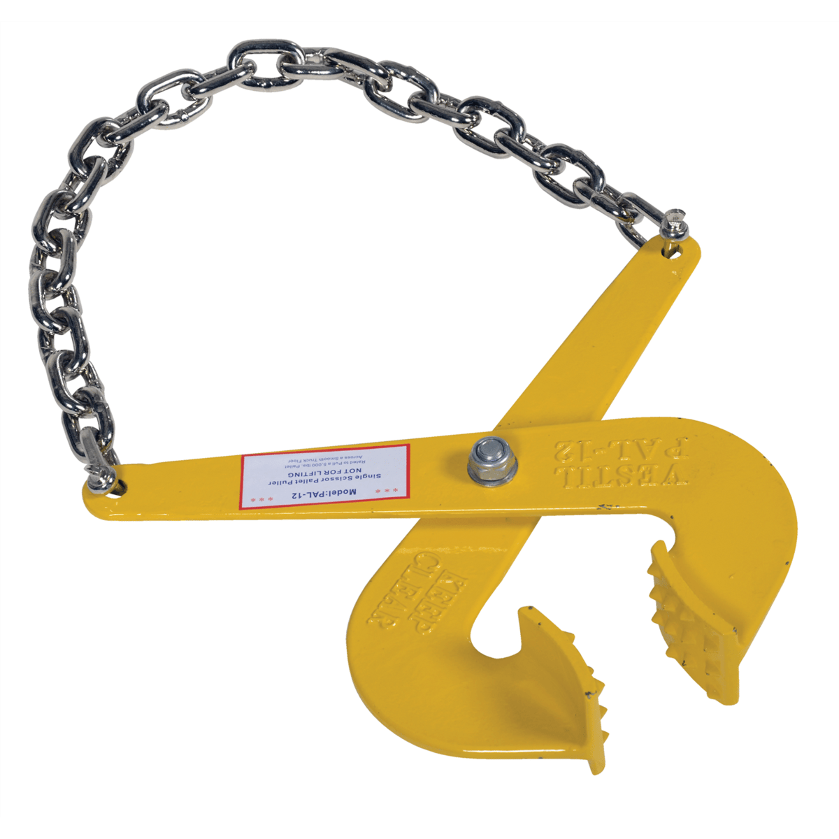 Vestil Steel Single Scissor Pallet Puller 7 In. Jaw Opening 5000 Lb. Pulling Capacity Yellow PAL-12
